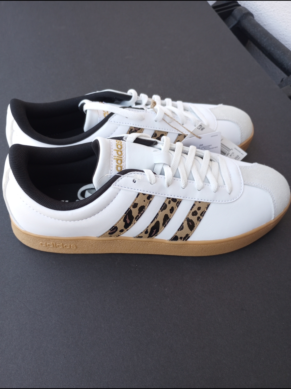 adidas White Sneakers with Black and Tan Leopard Stripes